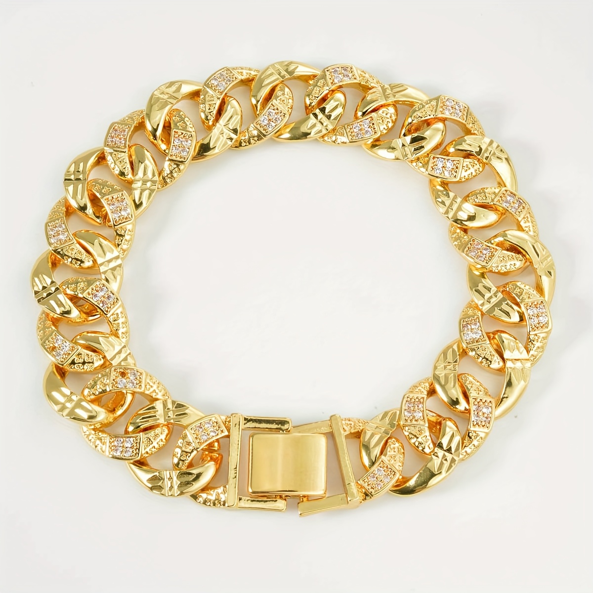 E-shop 1 Stück Vintage Luxus Cuban Link Armband, 18k Goldbeschichtet mit Einlage, Trendiger Hip-Hop-Stil Unisex Kupferarmband