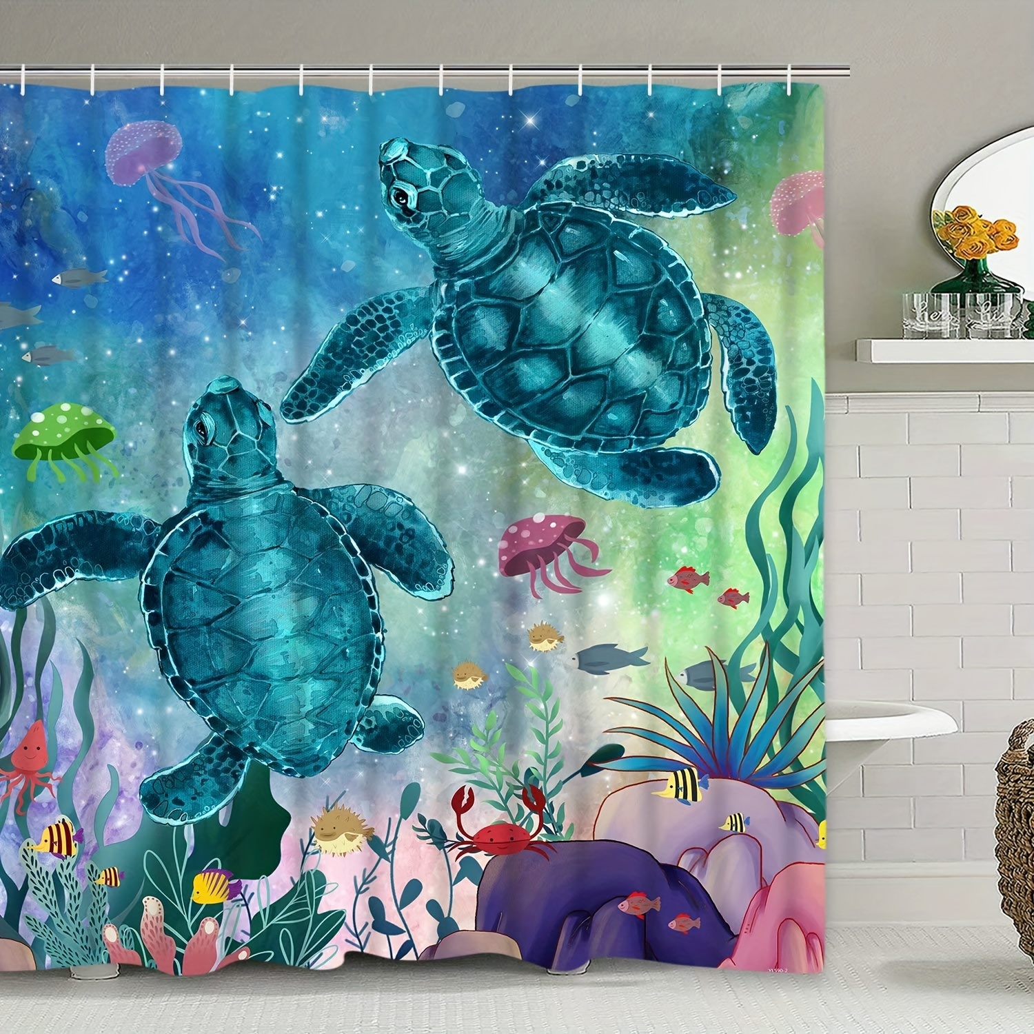 Cartoon Fish Shower Curtain, Cute Ocean Tropical Fish Shower Curtain,  Turtle Pattern Curtain With 12 Plastic Hooks, Dark Blue Ocean Shower Curtain,  - Temu Bahrain