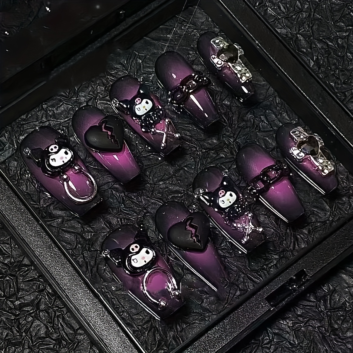 TEMU Sweet And Cool | Handmade Wearable Nails, Hot Y2k Coulomi Black And Purple Nail Art, Phototherapy Nails, Fake Nails Finished Product