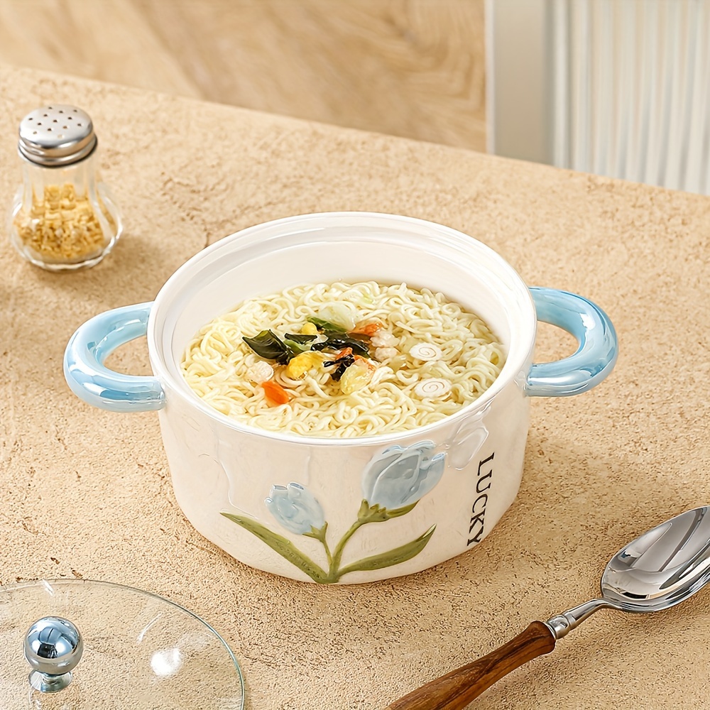 1Pc Ceramic Bowl With Lid Pearl Glazed Tulip Double Ear   Creative And Cute Soup Bowl Rice Bowl Instant Noodle Bowl Fruit Bowl Used For   And Restaurant   Kitchen Supplies Tableware Accessories Product Details 7