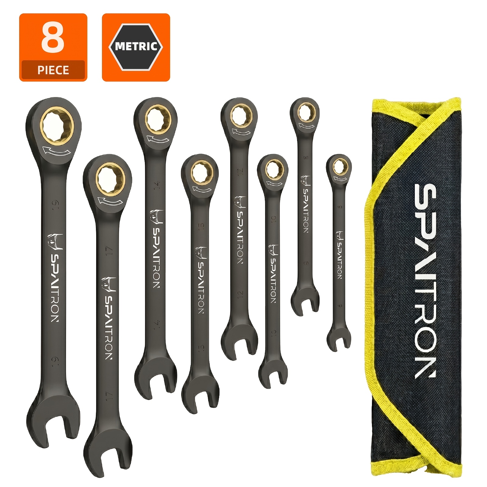 TEMU Spaitron 8pcs Metric Ratchet Wrench Set, 72- Thickened Black Matte Anti-rust Spanner Set 6-19mm, Industrial Automotive Repair Metric Tools, With