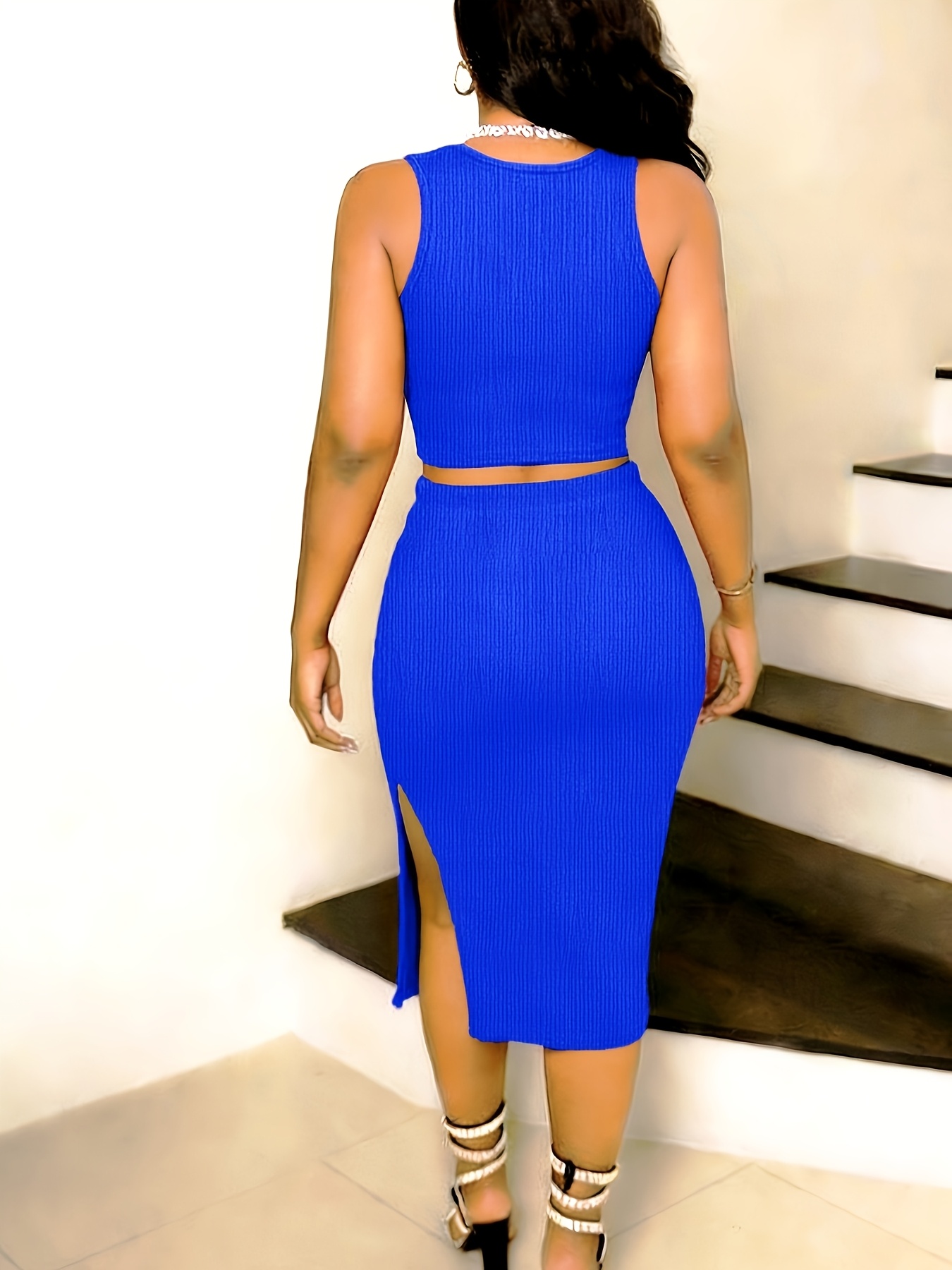 Women'S Fashion Round Neck Sleeveless Top And Side-Seamed Slit Skirt Set
