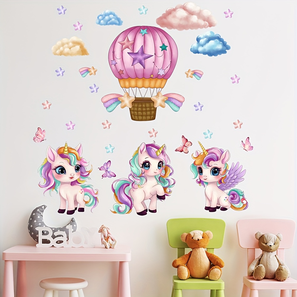 Image of Cartoon Unicorn Hot Air Balloon Wall Decal, Children's Room Bedroom Living Room Background Wall Sticker
