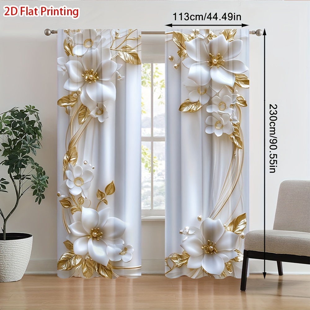 TEMU 2d Flat, 2pcs 2d Flat Printing Golden Floral Frame Art Semi-blackout Curtains With Rod - Room Decoration, Perfect For Art Spaces, Kitchen,