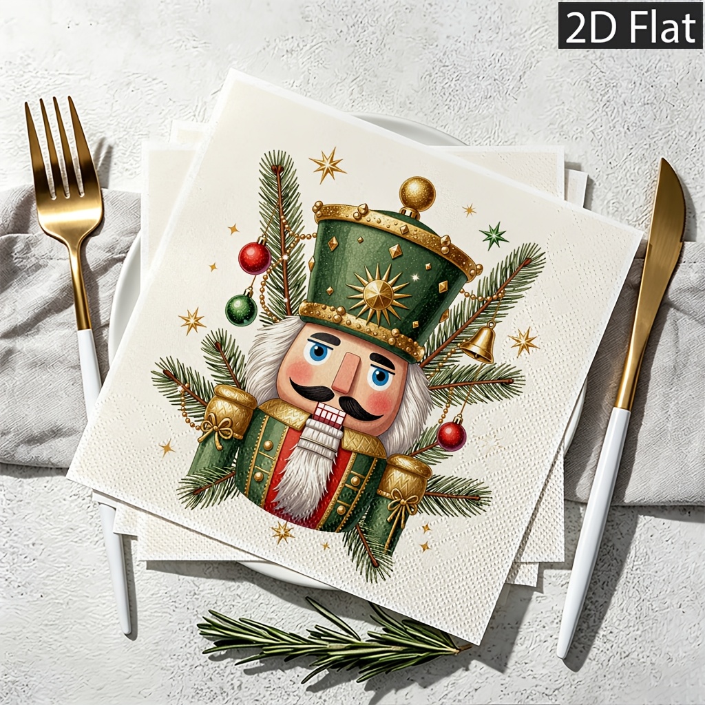 TEMU 2d Flat 20pcs Disposable Paper Napkins, 2-ply For Extra Durability, Green And Golden Nutcracker With Pine Branches Stars And Bells, Perfect For
