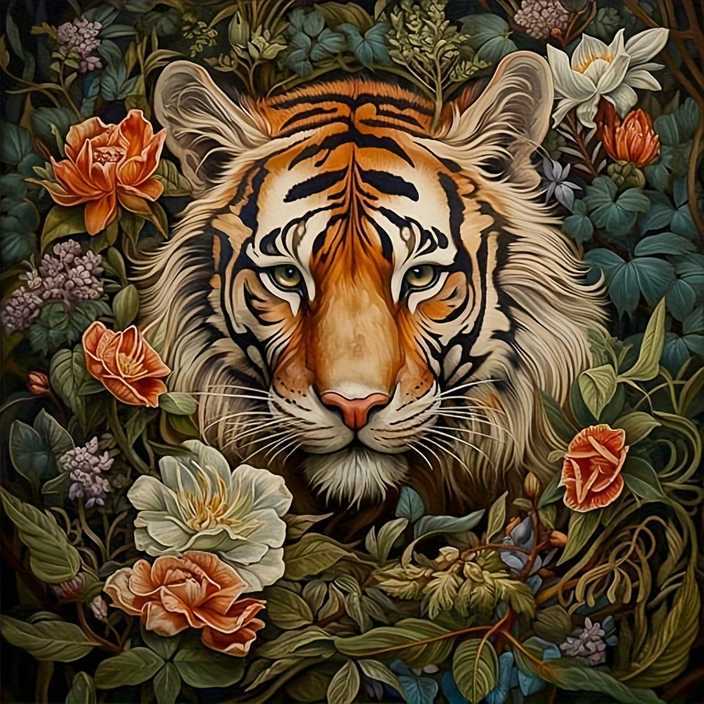 

1pc Large Size 40x40cm/15.7x15.7inch Without Frame Diy 5d Diamond Art Painting Tiger And Flowers, Full Rhinestone Painting, Diamond Art Embroidery Kits, Handmade Home Room Office Wall Decor