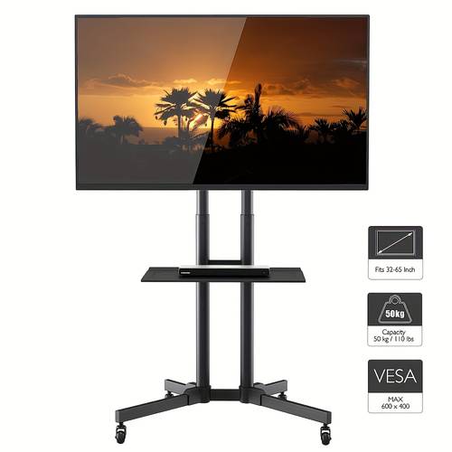Mobile TV Stand On Wheels, Tilt Rolling TV Stand with Media Shelf for 81.28-165.1 cm LED, LCD, OLED Flat&Curved TVs, to