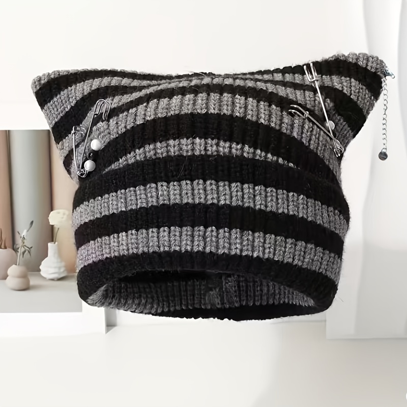 E-shop Dicke Streifen Katzenohren-Beanie Unisex Mütze – für & Sport – Herbst & Winter – Geburtstagsgeschenk