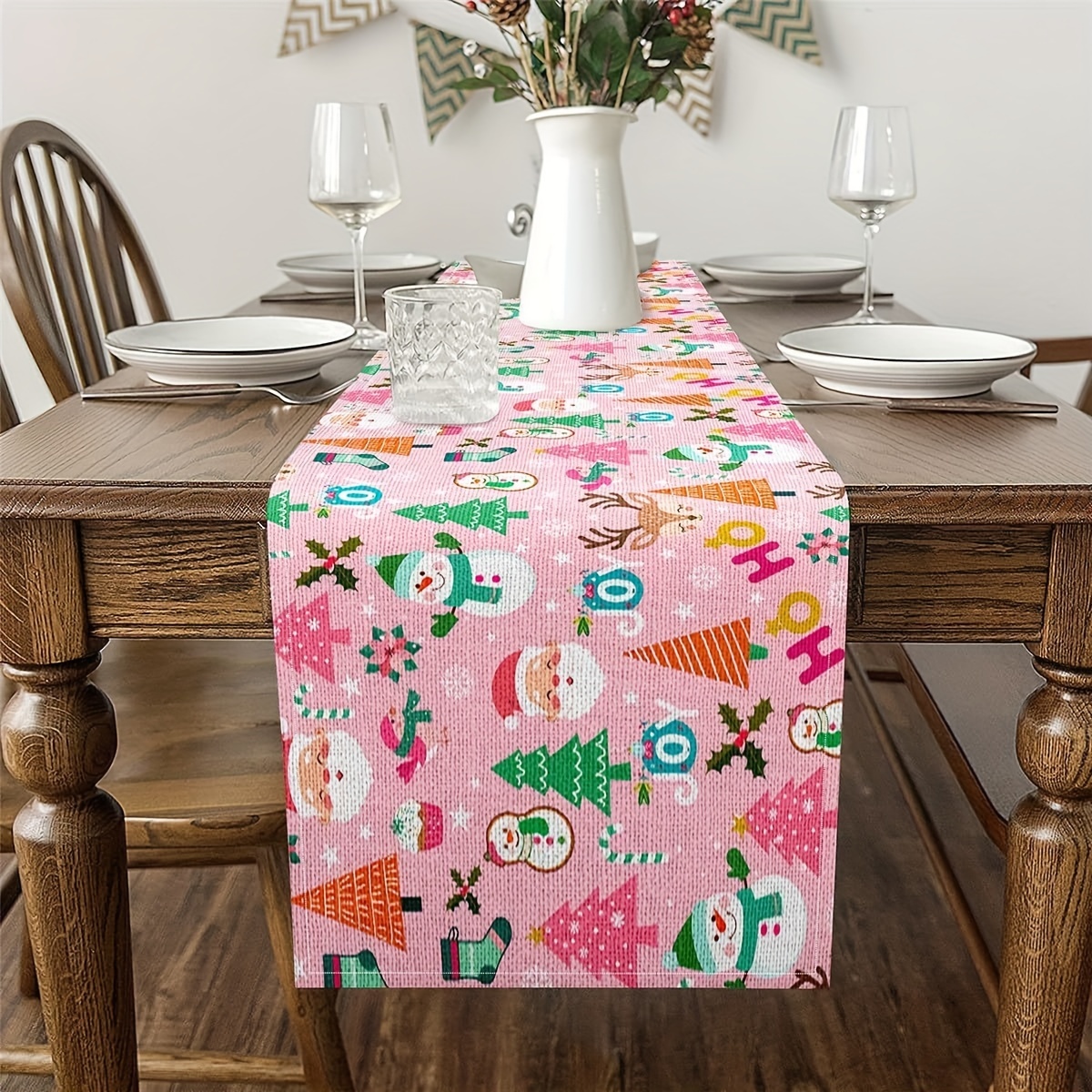 

Christmas Table Runner - Pink Cartoon Snowman & Santa Claus Design, Stain-resistant Polyester, Holiday & Home Decor