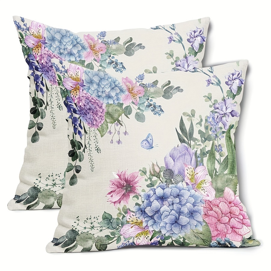 TEMU 2 pezzi, Fodere per cuscini in lino con foglie ad , fiori viola e rosa, foglie di eucalipto, federe decorative, cuscini , decorazioni per stile
