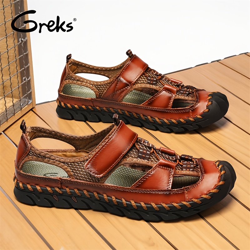 TEMU Greks Men's Sandals, Summer Fisherman Closed Toe Sandals For Men Handmade Breathable Water Sandals Outdoor Non Slip Walking Shoes Anti Collision Hiking Athletic Slides Sandals For Men