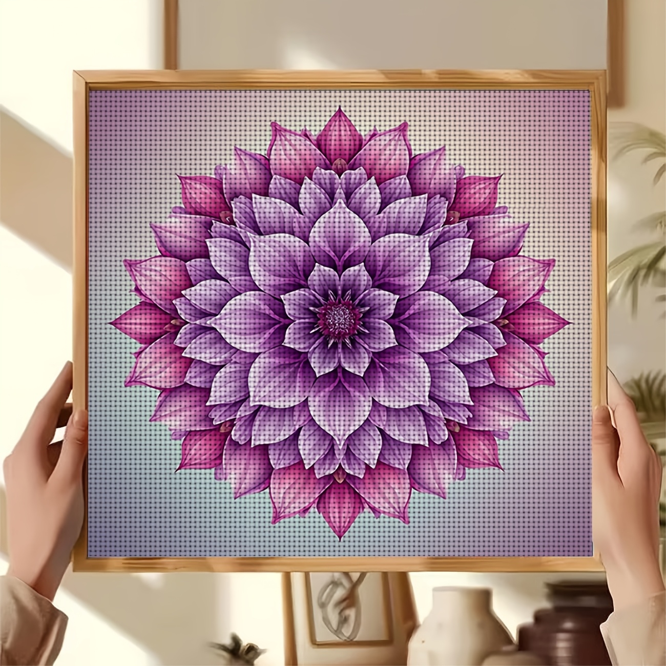 Frameless Cross Stitch Printed Kit with Purple Gradient Mandala Flower Design