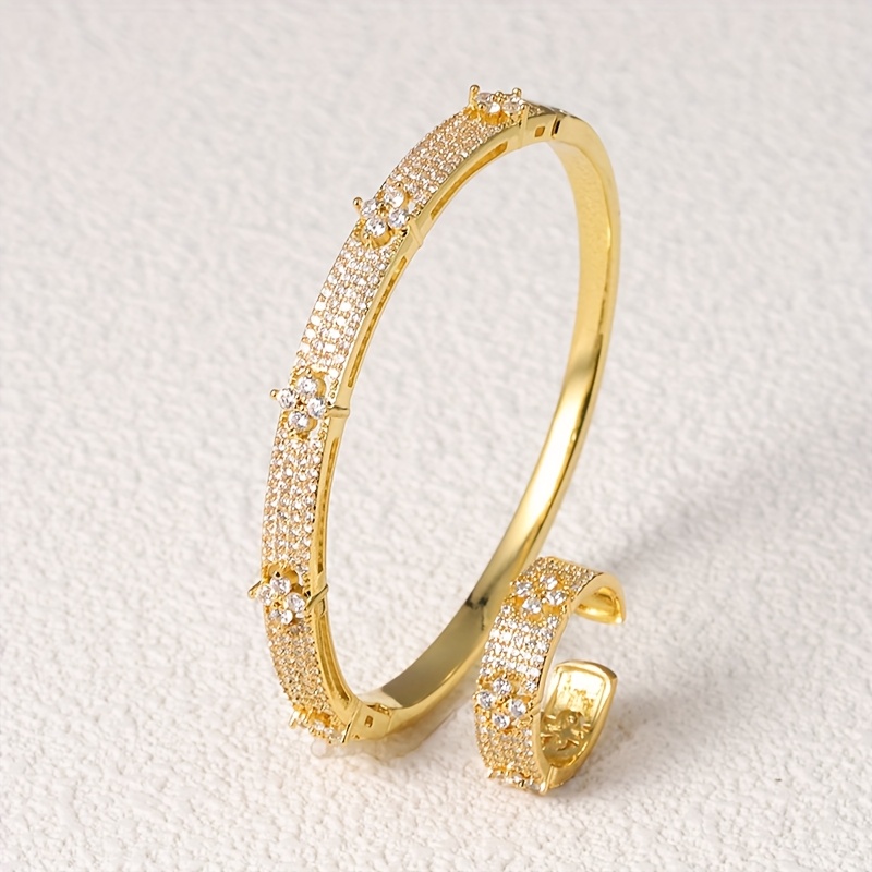 Elegant Four-Leaf Clover Bracelet Ring Set with Cubic Zirconia