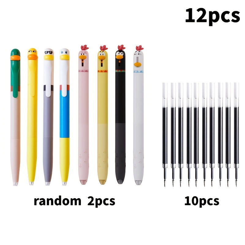 TEMU 12pcs(2 Pens+10 Refills) Random Duck And Chick Creative Rotating Gel Pen Set, Random 2pcs Pens And 10pcs Refills Included, 0.5mm Black Writing