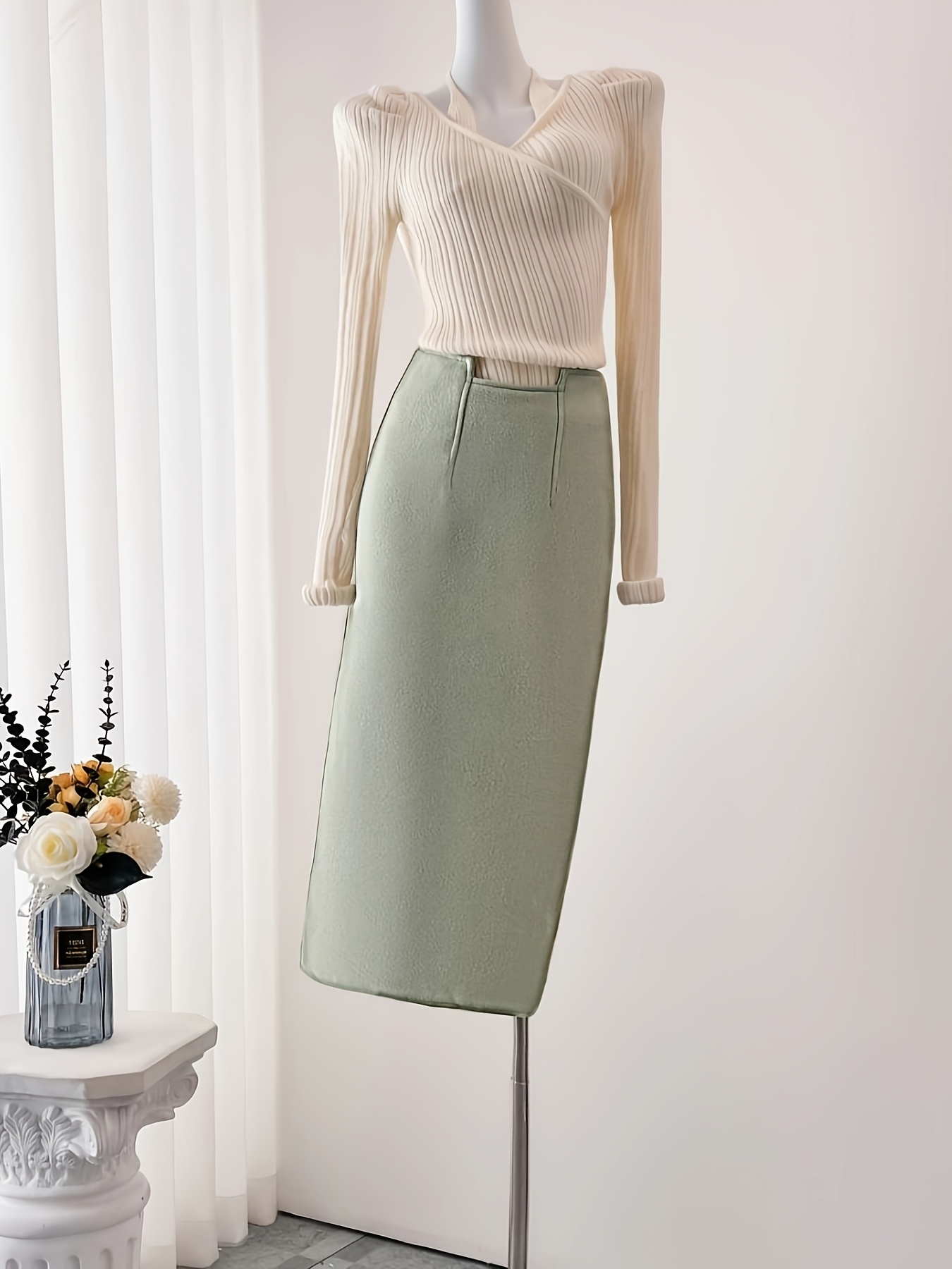 nuevas faldas midi otoño invierno falda verde estilo chino Temu