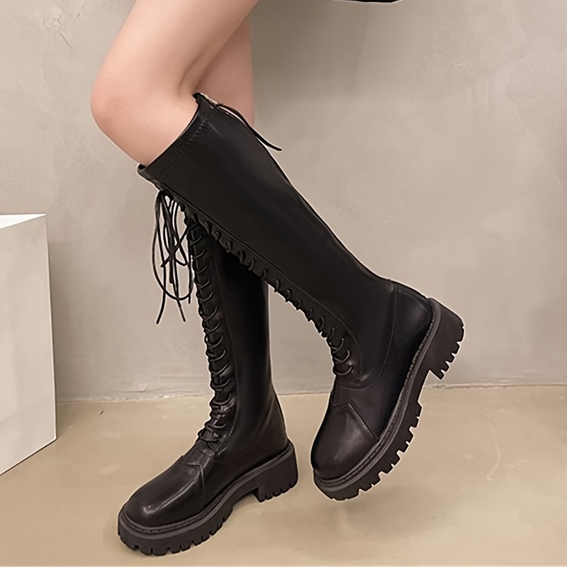 

Style Knee-high Boots For Women, Casual Lace-up With Zipper Closure, Round Toe Platform Heel, Solid Color , Upper & Canvas Inner, Mid Heel - Production