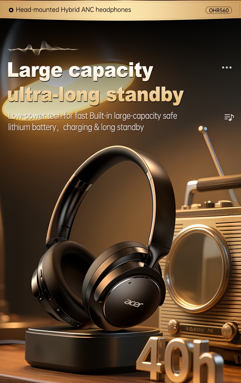 Casque sans fil Acer Ohr560 | Circum-aural avec suppression du bruit ANC, conception d'oreille à couverture complète, pliable, microphone à condensateur intégré, son stéréo Hi-Fi, réduction du bruit des appels HD ENC, compatible avec câble audio 3,5 mm, chargement USB