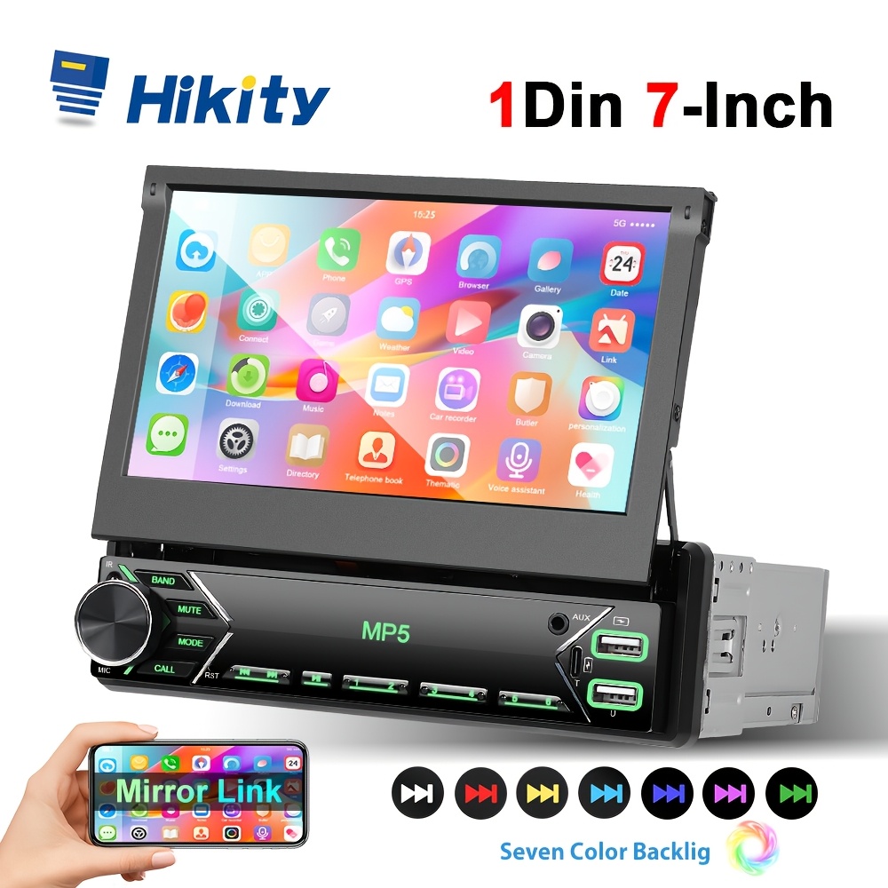 

Hikity 7" Hd Manual Retractable Touch Player, Universal 1din Car Radio Stereo Player With Fm Radio Receiver Support Tf/usb Rear View Camera