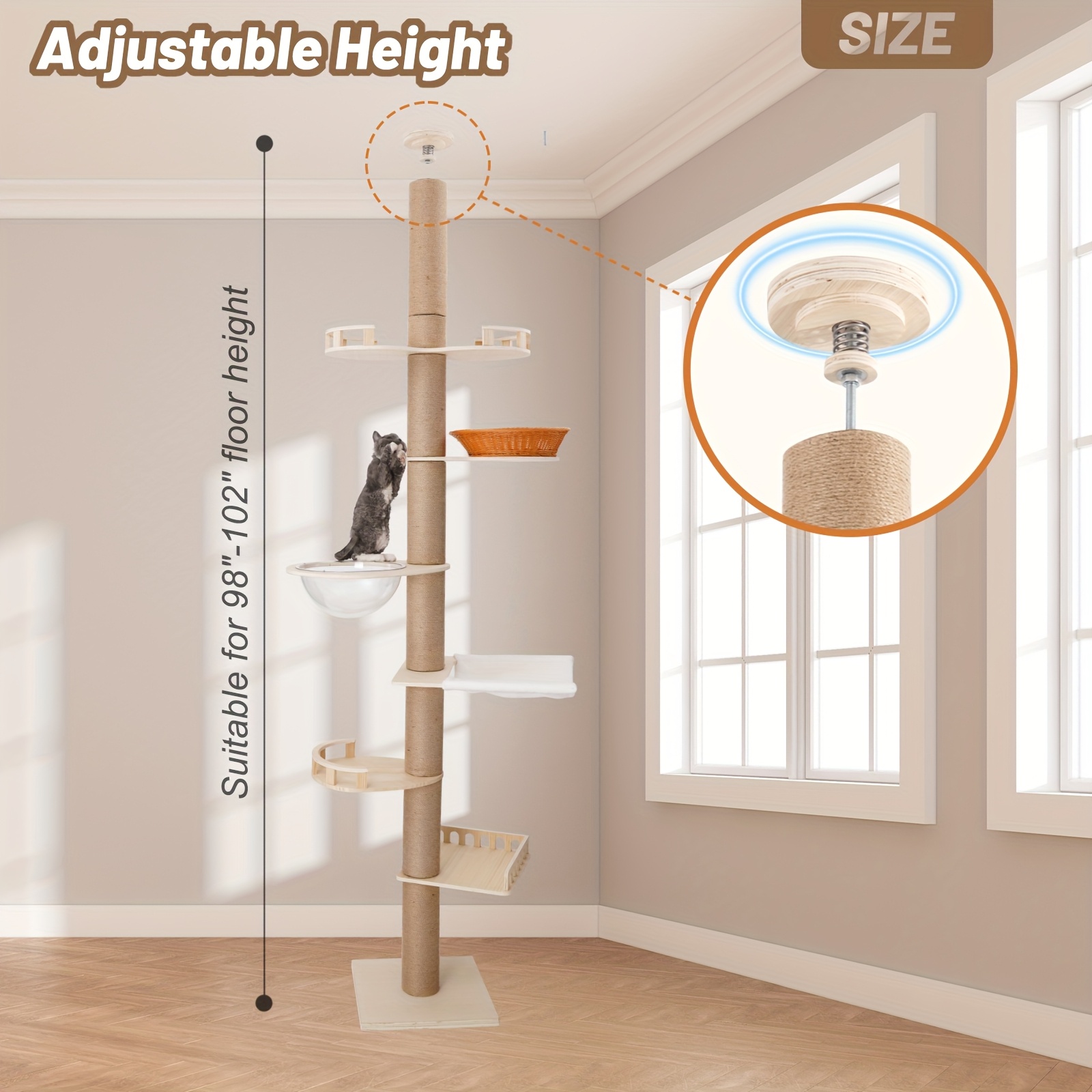 TEMU 7-level Floor To Ceiling Cat Tree, 98.43-102. Adjustable Cat Tower For Cats, Natural Sisal Rope Scratching Post, Modern Cat Activity Center, Space-saving & Easy Assembly, Ideal