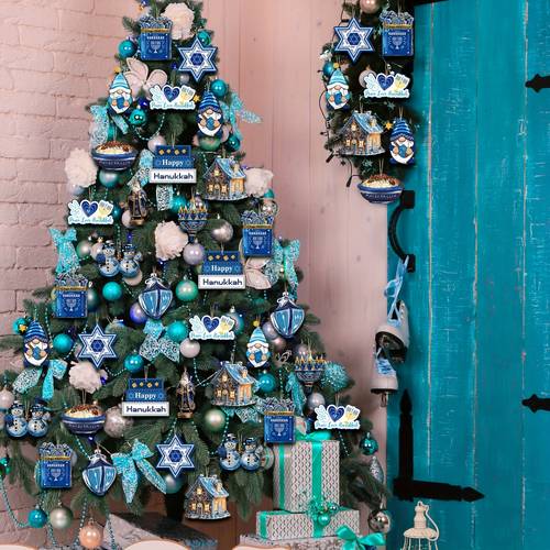 set of 36 hanukkah decorations featuring symbols like hexagrams gnomes menorahs and dreidels hanging as wooden ornaments or as festive signs for your for home or christmas tree gifts