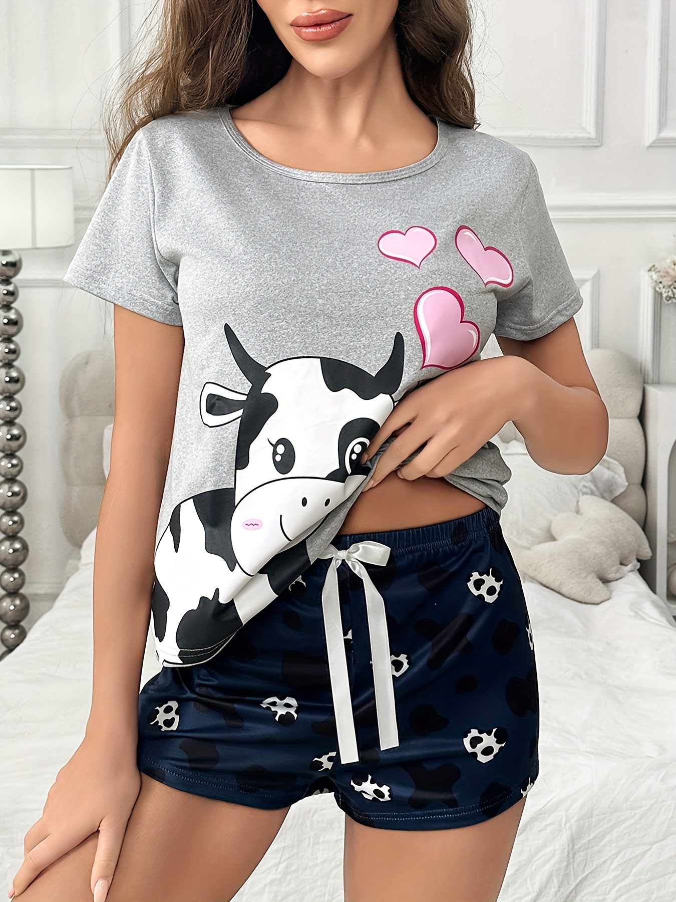 womens cute cartoon cow print pajama set short sleeve round neck top shorts comfortable relaxed fit Product details 2
