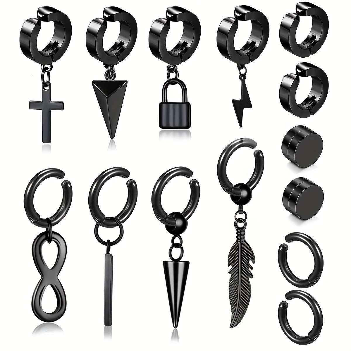 Image of 14pcs Of Punk Hip-hop Men's Clip On Earrings Stainless Steel Pendant Cross Ear Clip, Black Clip On Fake Earring Set, Suitable For Men And Women To Wear, Suitable For Anywhere, As A Gift