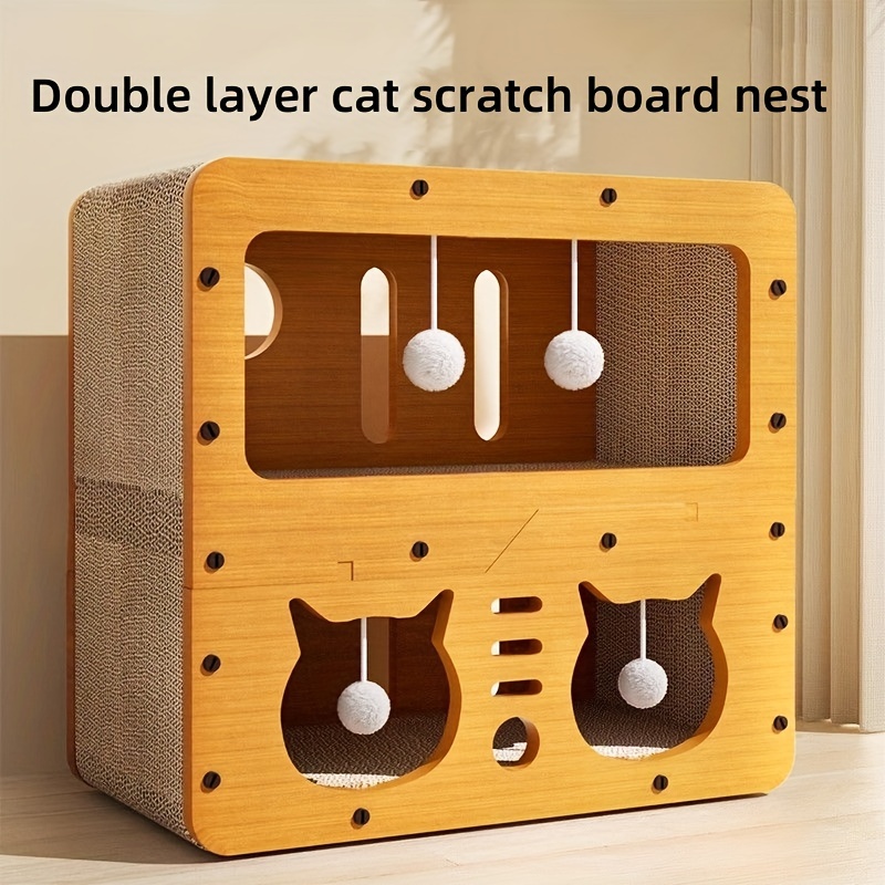 

Double Layer Cardboard Cat Scratcher Nest With Hanging Balls - Durable Paw Grinding Pad For Cats, All-season Use