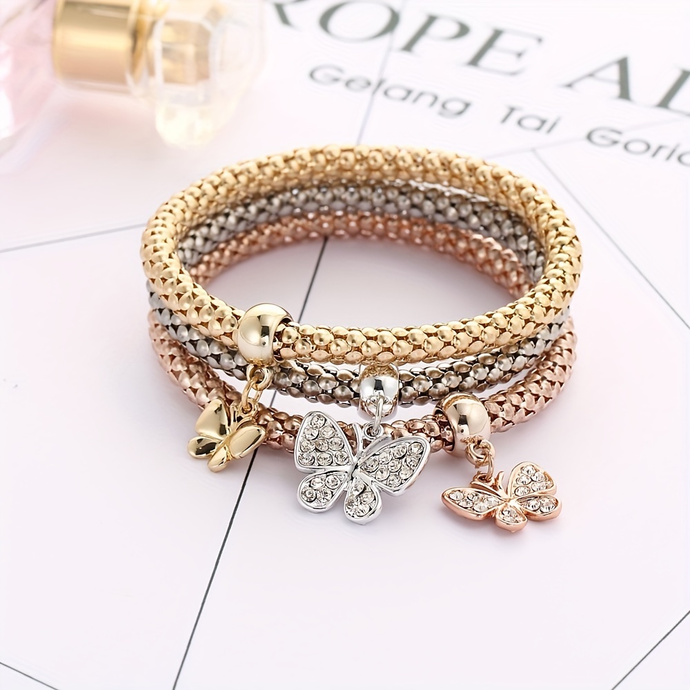 

3pc Alloy Tri-color Suit Elastic Popcorn Corn Chain Inlaid With Butterfly Pendant Bracelet