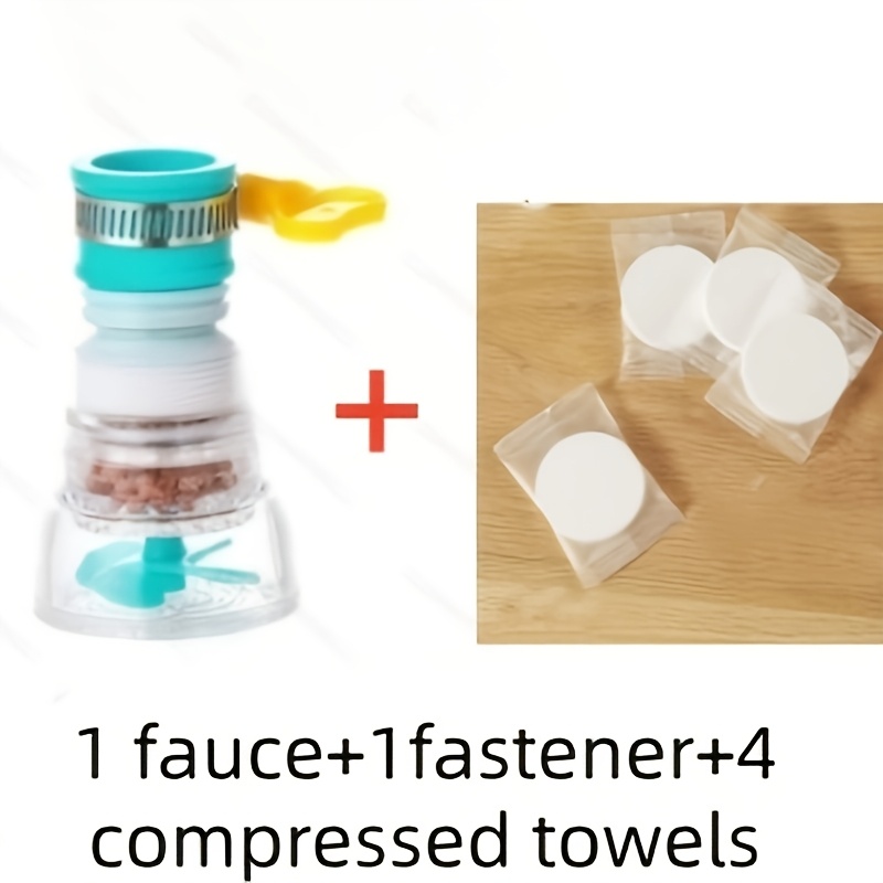 TEMU 6pcs Set: 1 Faucet Adapter + 1 Fixer + 4 Compressed Towels, Adjustable Rotating Retractable Faucet Adapter | Flexible Design, , Durable Plastic,