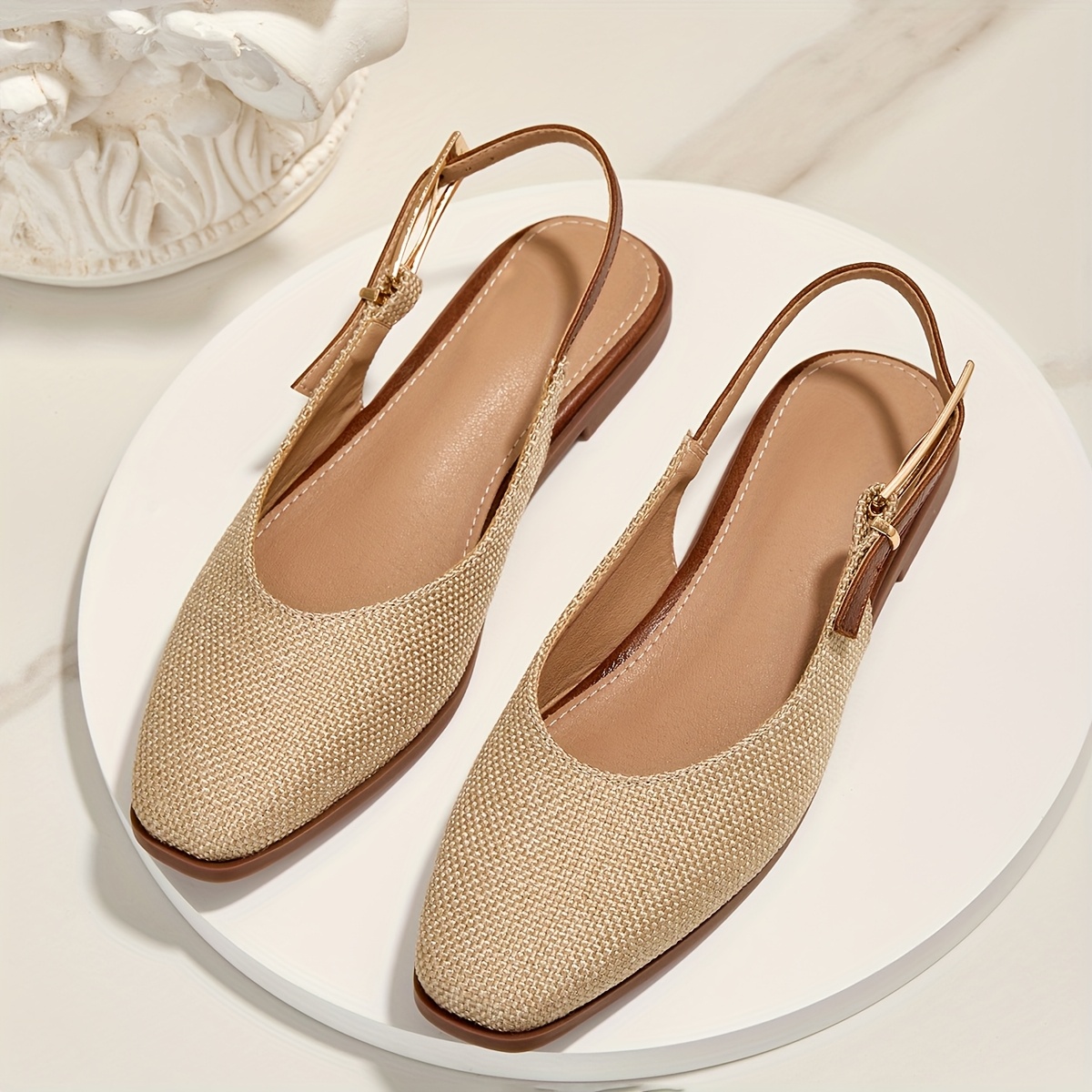 Image of Linen Square Toe Soft Sole, Shallow Mouth Metal Women's Flat Sandals, Women Shoes
