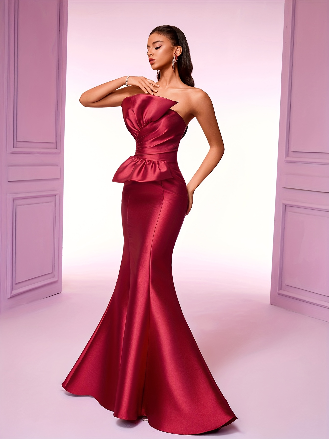 womens elegant strapless evening gown deep burgundy ruched - Temu