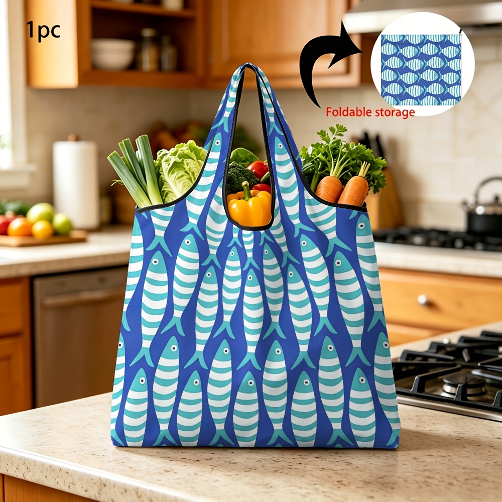 TEMU 1pc Reusable Portable Shopping Bag With Blue Striped Fish Pattern Foldable Storage Tote Bag