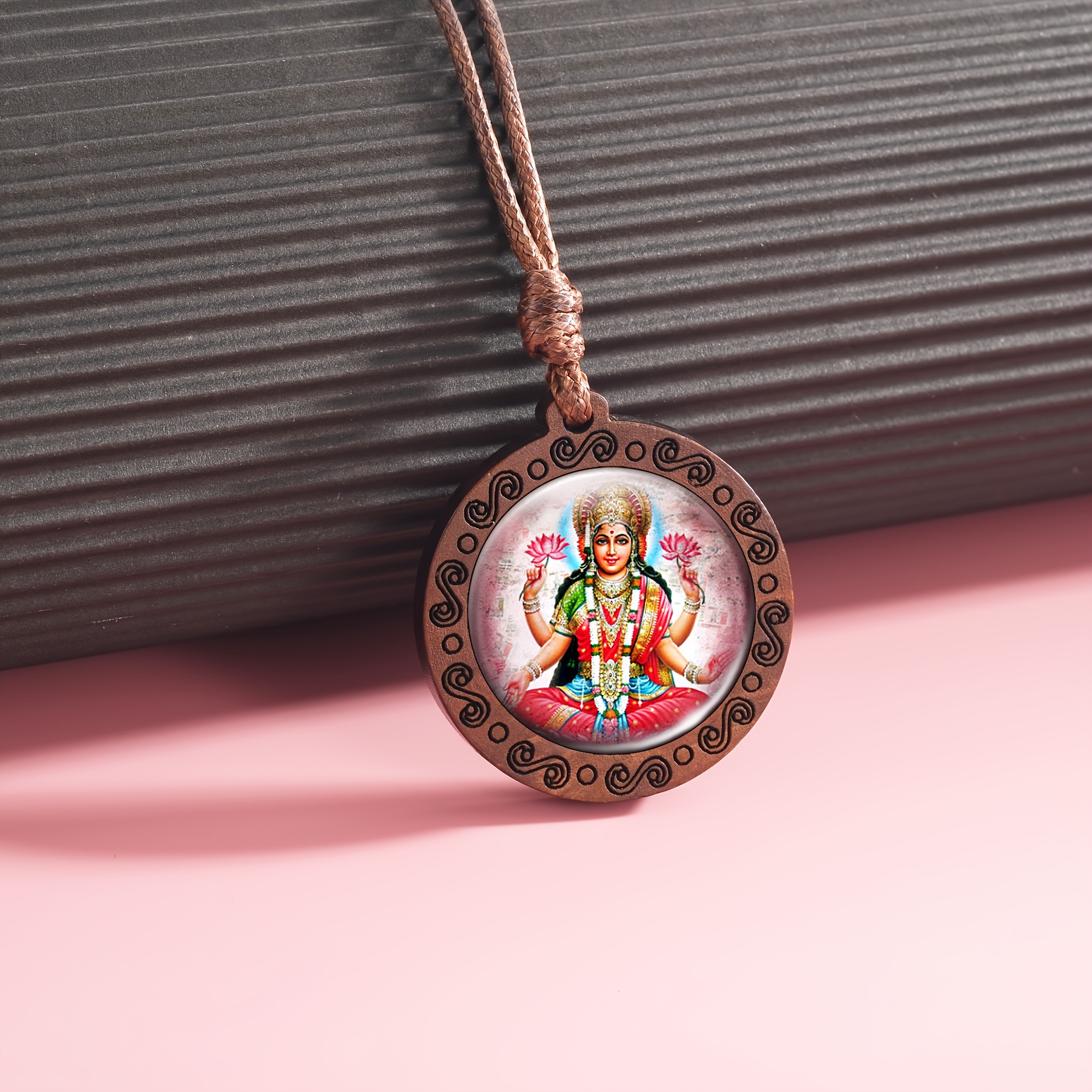 Handcrafted Indian Goddess Pendant Necklace, Wood Material