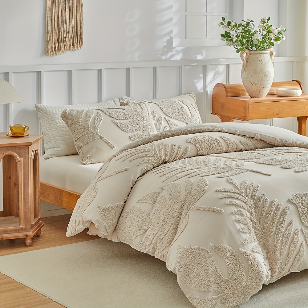 3D Leaf Pattern Duvet Cover Set 2/3pcs Set - High-Quality Tufted Craft, Distressed Style Washable Bedding, Soft Breathable Khaki Bedroom Decor, Multi-Size Available, All-Season Bedding