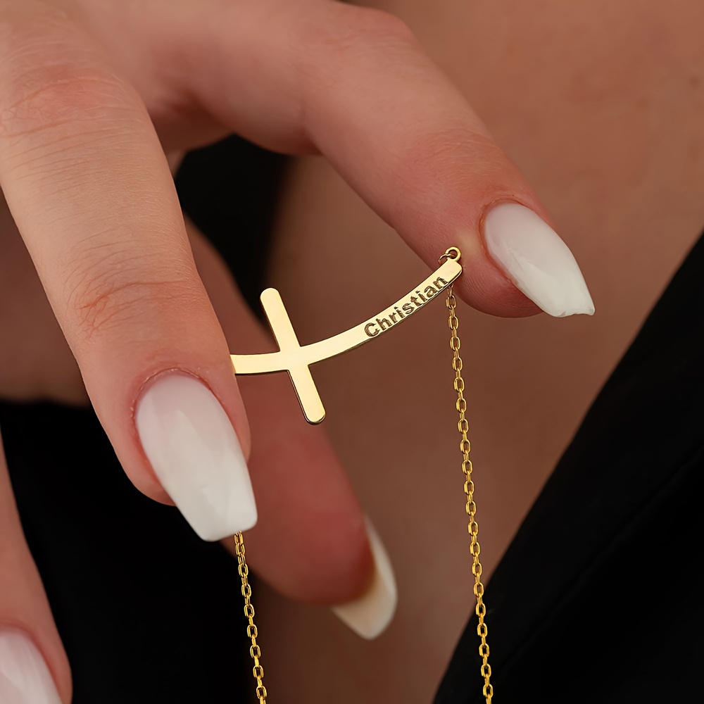 TEMU Collier avec pendentif croix et nom personnalisé pour femmes, , plaqué, personnalisable avec des en anglais, style bohème, un pour elle, cadeau