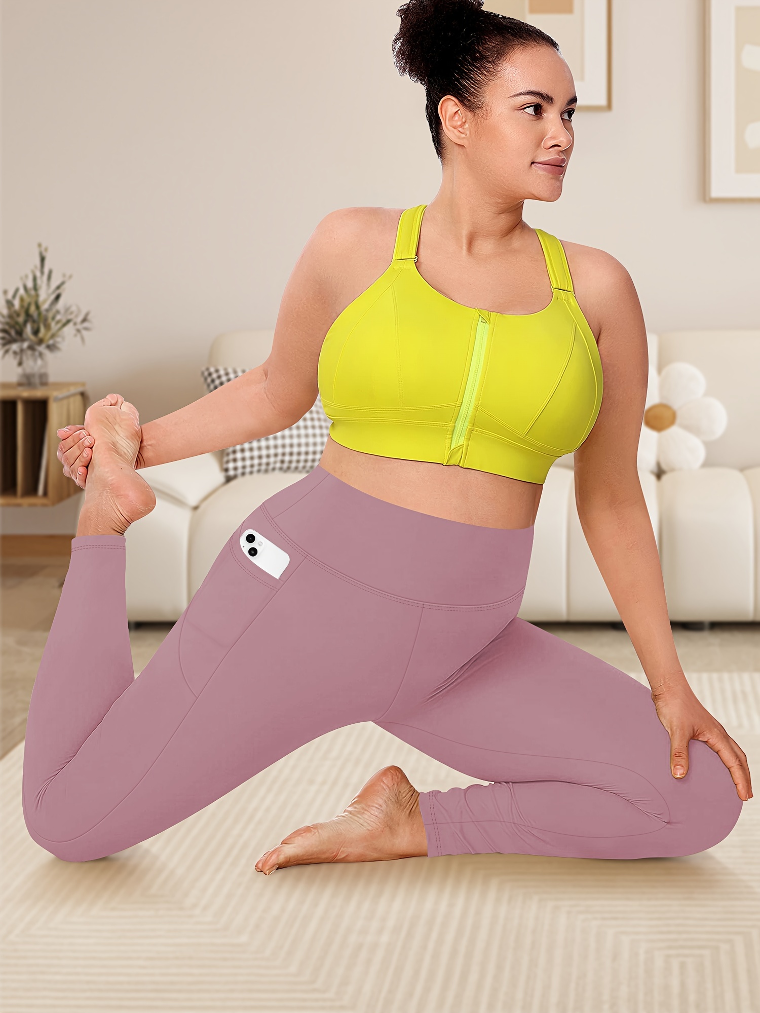 Women'S Plus Size High Waist Tummy Control Leggings with Side Pockets, 88% Polyester 12% Elastane, Knit Fabric, Stretchy Cropped Yoga Pants for Running & Fitness, All Season Solid Color Athletic Skinny Pants