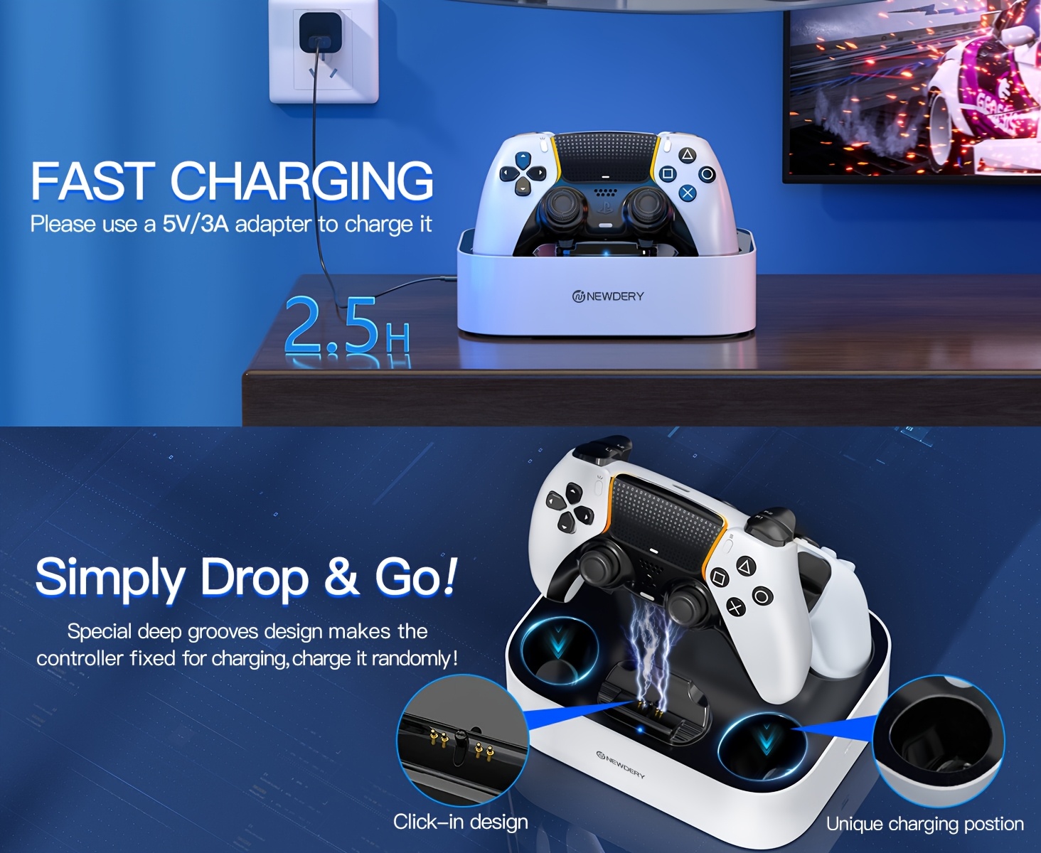 محطة شحن جهاز التحكم في الألعاب ps5، متوافقة مع جهاز التحكم في الألعاب   edge، حامل شحن سريع مع كابل، محطة شحن مزدوجة للتحكم في الألعاب ps5 و   edge تفاصيل المنتج 1