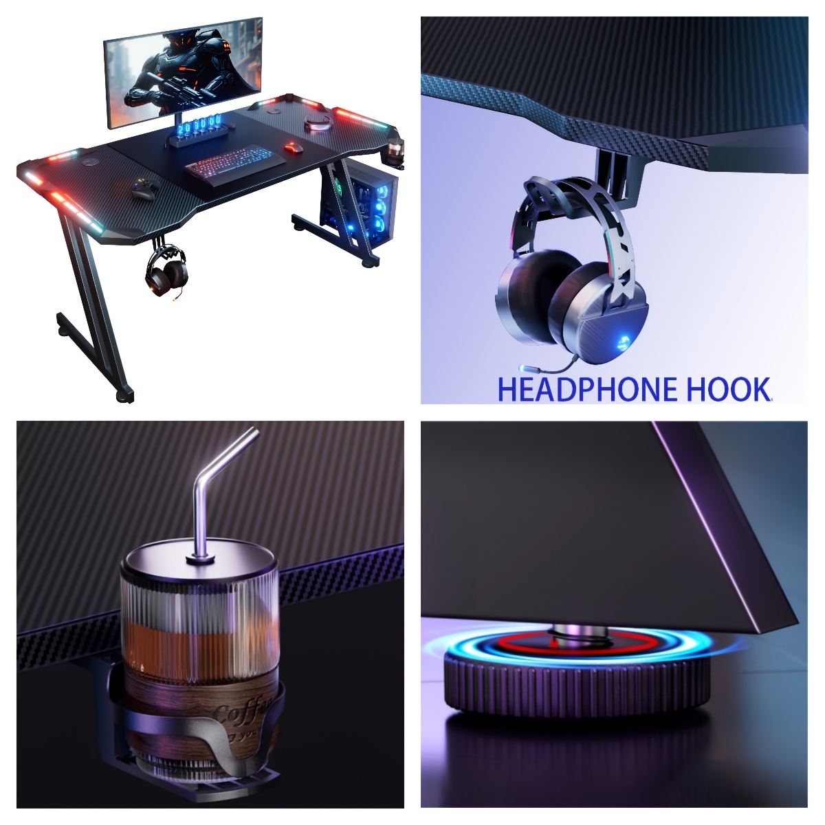 Image of Furnishia Z-shaped Gaming Desk, 47/55/63 Inch Carbon Fiber Surface Computer Table With Led Lights & Oversized Mouse Pad, Ergonomic Office Desk With Cup Holder & Headphone Hook For Bedroom/office