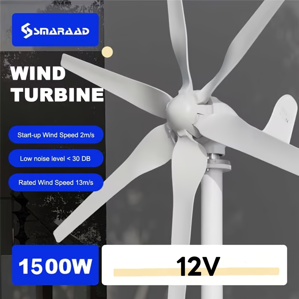 Gospodinjski majhen vetrni generator z vodoravno osjo, 12V/24V/48V, 6-lopatični, nazivna moč 1500W. Vključuje brezplačen MPPT krmilnik.