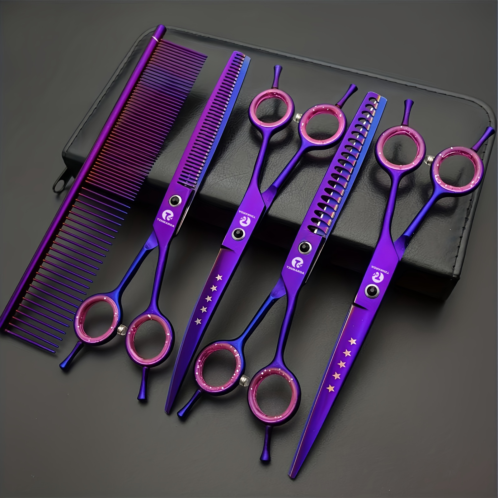 Image of 7.0 Inches Professional Dog Grooming Scissors Set Straight & Thinning & Curved & & Comb 5pcs In 1 Set For Left-handed & Right Handed