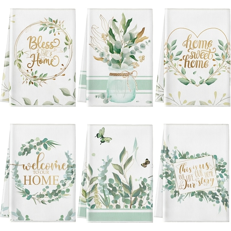 E-shop 6er-Pack Küchentücher mit Eukalyptusblättern | 16X24 Zoll Frische grüne Polyester-Tücher mit "" und "Willkommen" Aufdrucken, goldenen Akzenten,
