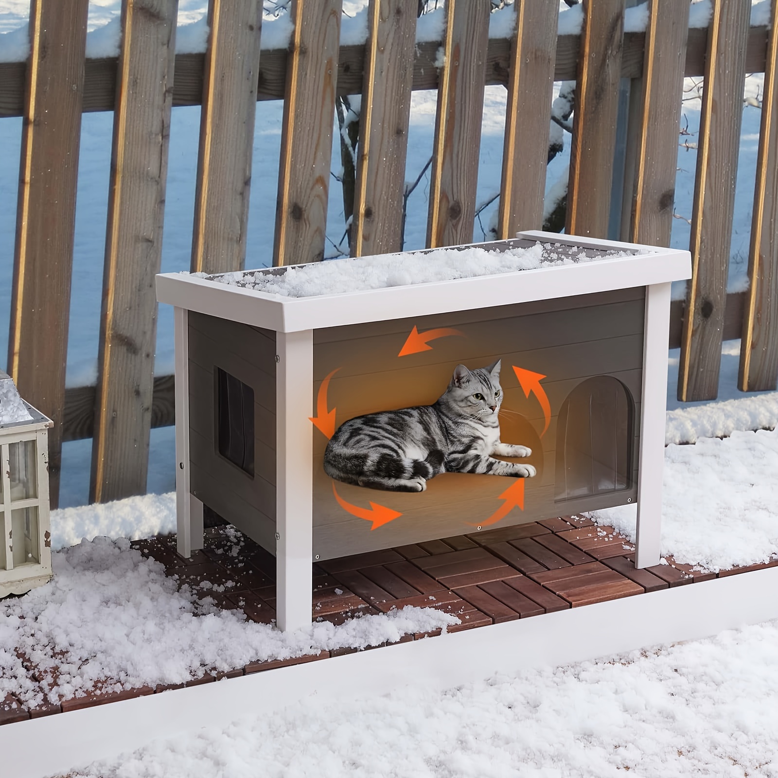 

Insulated Outdoor Cat House, Ps Material Weatherproof Cat House With Escape Door, Elevated Feral Cat Shelter With Openable Roof For Multiple Cats, Grey