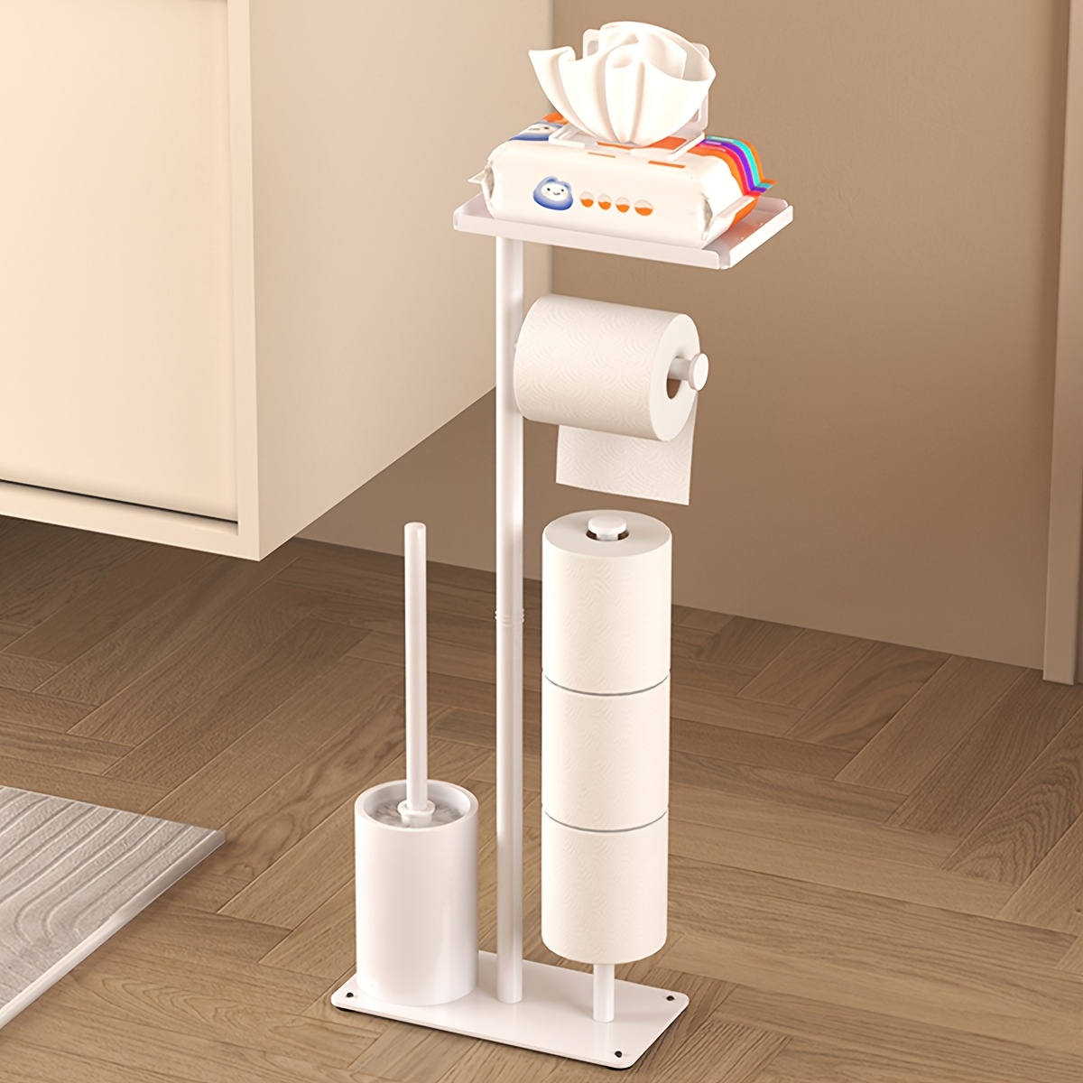 1pc Freestanding Toilet Paper Holder with Storage - Self-Adhesive, Wrought Iron Bathroom Accessory for Tissues & Rolls, Toilet Paper Dispenser, Living Room, Christmas/Halloween Gift Decoration - Unfinished