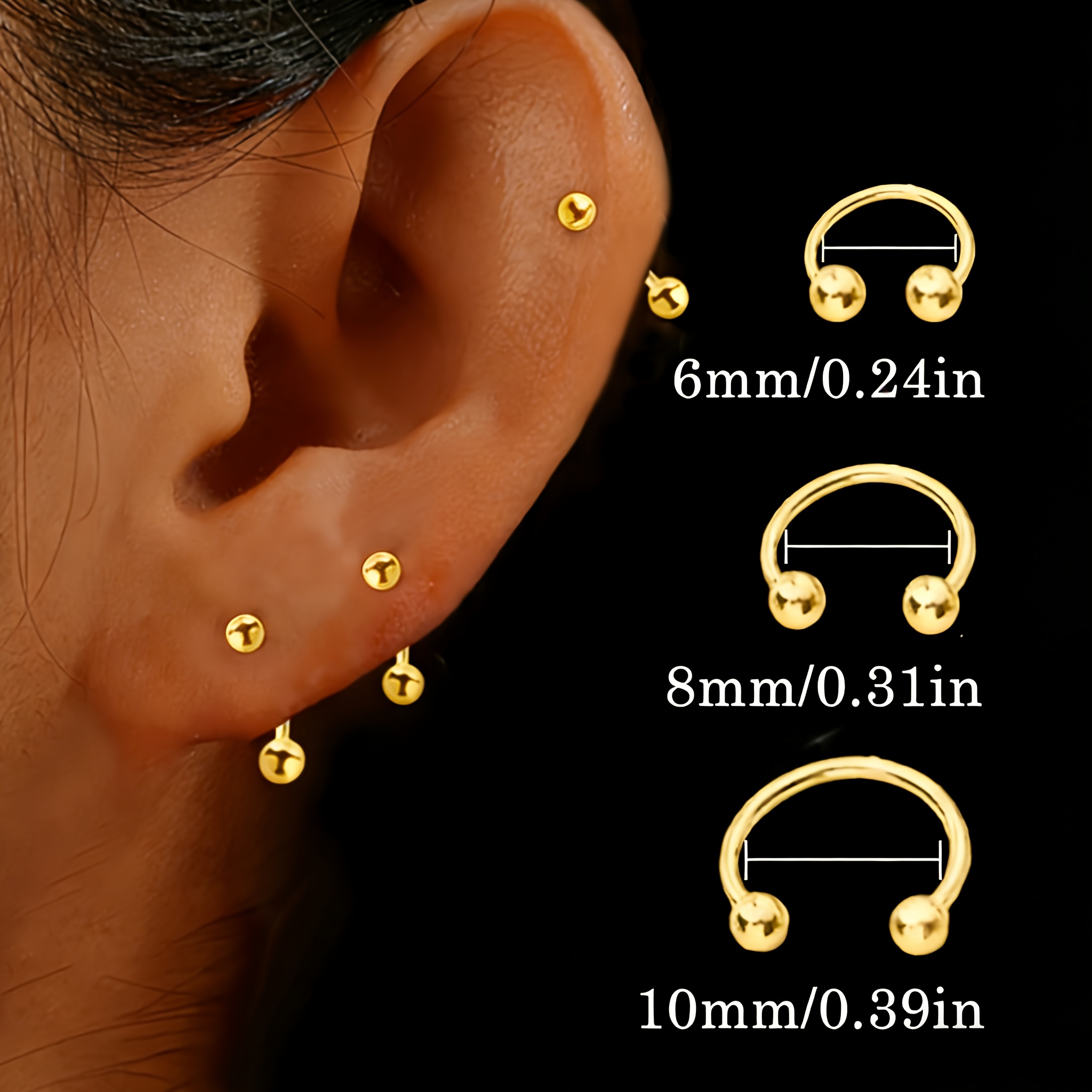 TEMU 3 pièces Boucles d'oreilles en acier inoxydable 316 de fer à cheval U, faible irritation, bijoux de perçage spirale pour lèvres et nez - Style