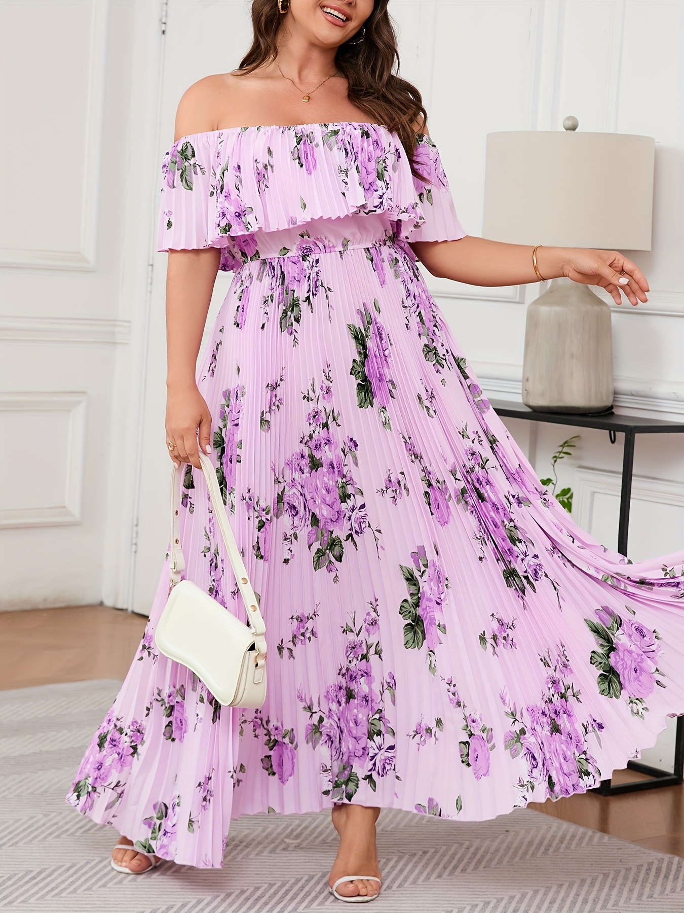 elegant plus size floral print ruffle sleeve maxi dress pink - Temu Germany