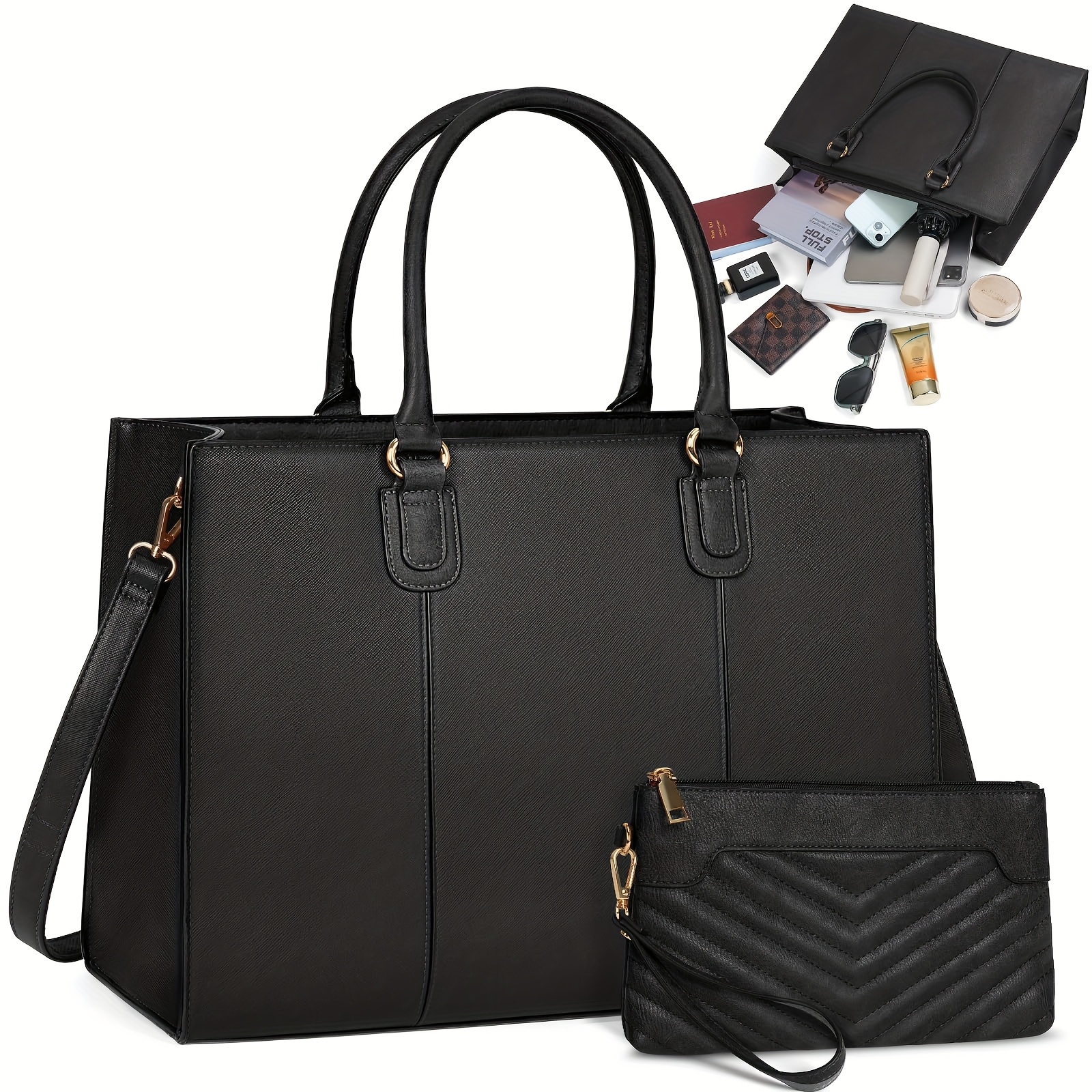 Newhey Handbag Women's 15.6 Inch Shopper Women's Large Work Bag Tote With Clutch Pu Leather Briefcase Women's Laptop Bag Messenger Shoulder Bag For School Business, Black, L, Tote