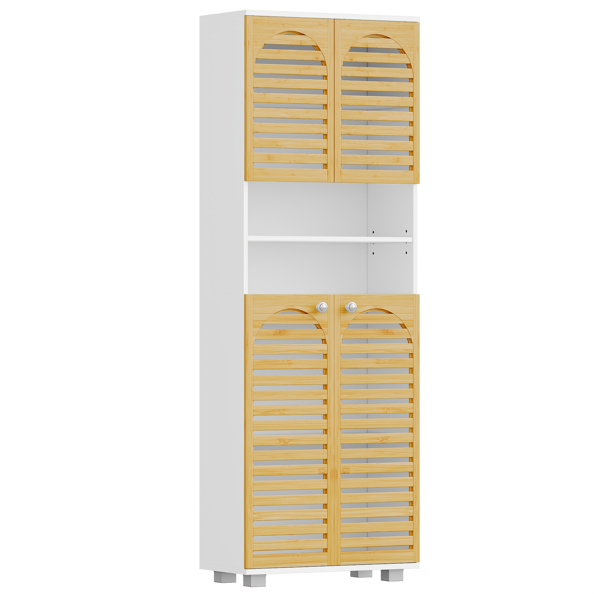 Storage Cabinet, Bamboo High Bathroom Storage With Adjustable Shelves, Kitchen Cabinet With Doors And 2 Open Compartments, For Living Room, Bathroom 11.8 X 15.7 X 67.5 Inch White