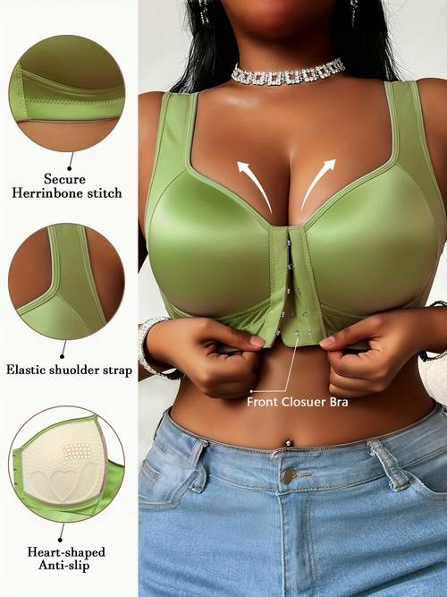 1pc womens plus size bra wire free premium satin fabric smooth material front closure design lifting strong support suitable for large bust ideal for daily wear and formal occasions support able underwear elegant