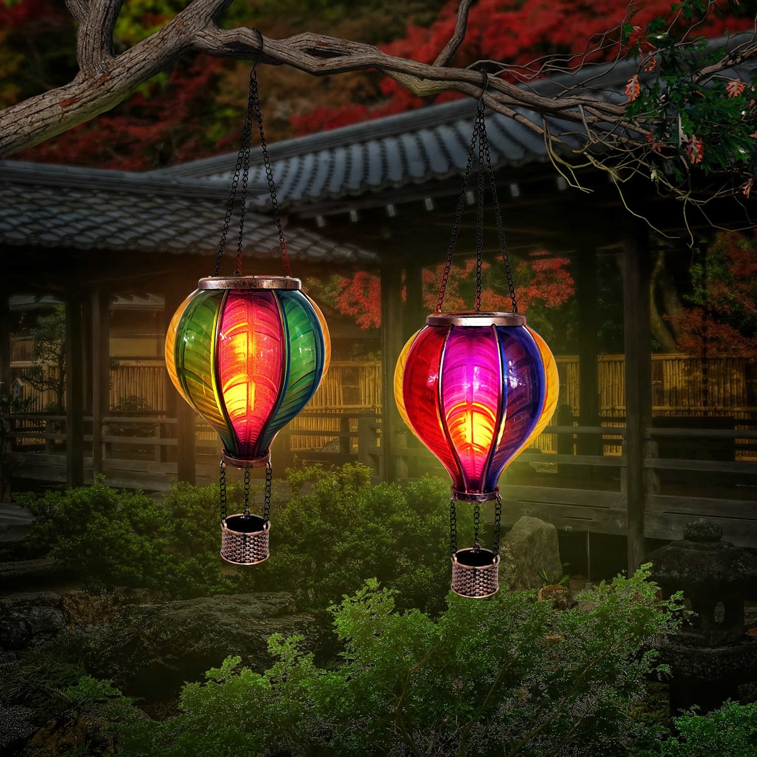 solar hot air balloon outdoor led chandelier patio garden porch yard decorative chandelier flashing flame   18 long details 0