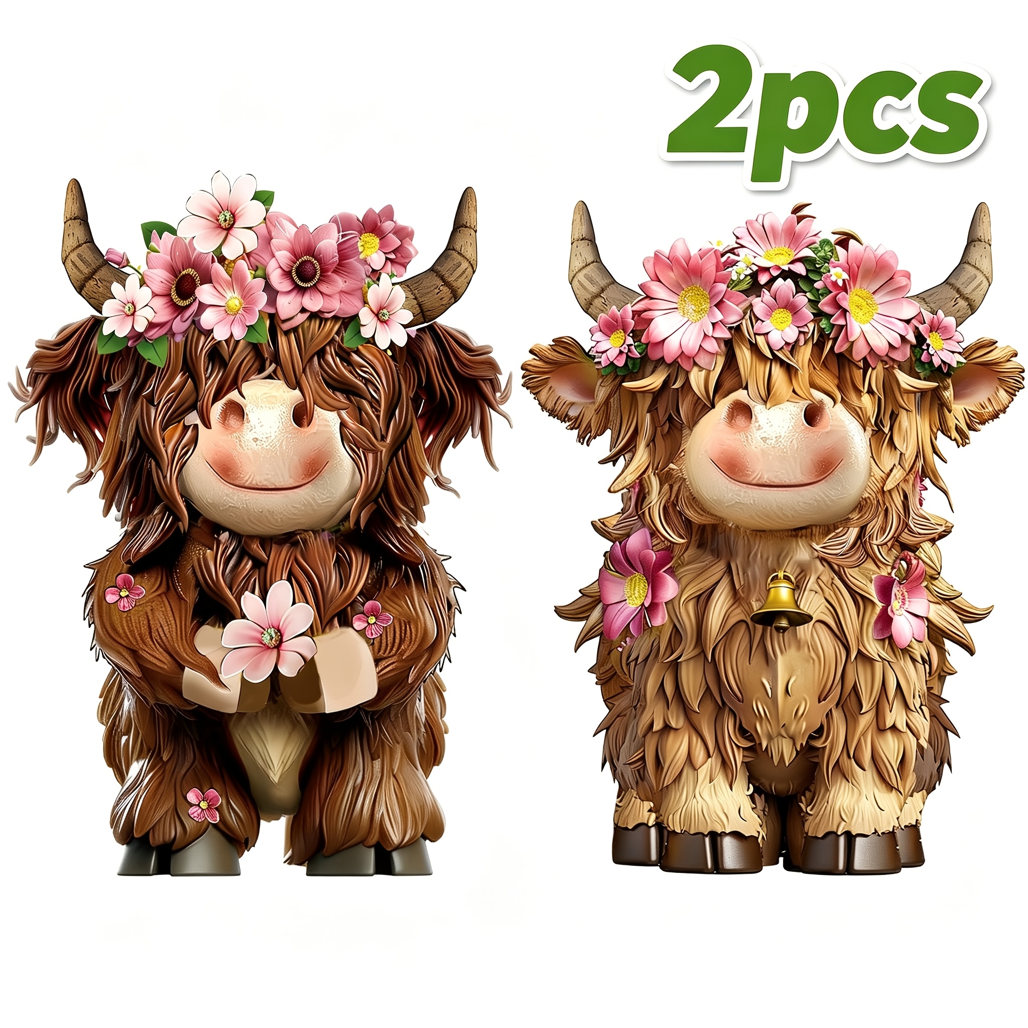 TEMU Set Of 2 Spring Floral Highland For Cow Wooden Figurines, Daisy Ring Calf Statues, Spring Farmhouse Tabletop Decorations, Kitchen Tiered Tray